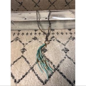 NWT Suede Tassel Necklace in Grey, Aqua and Gold